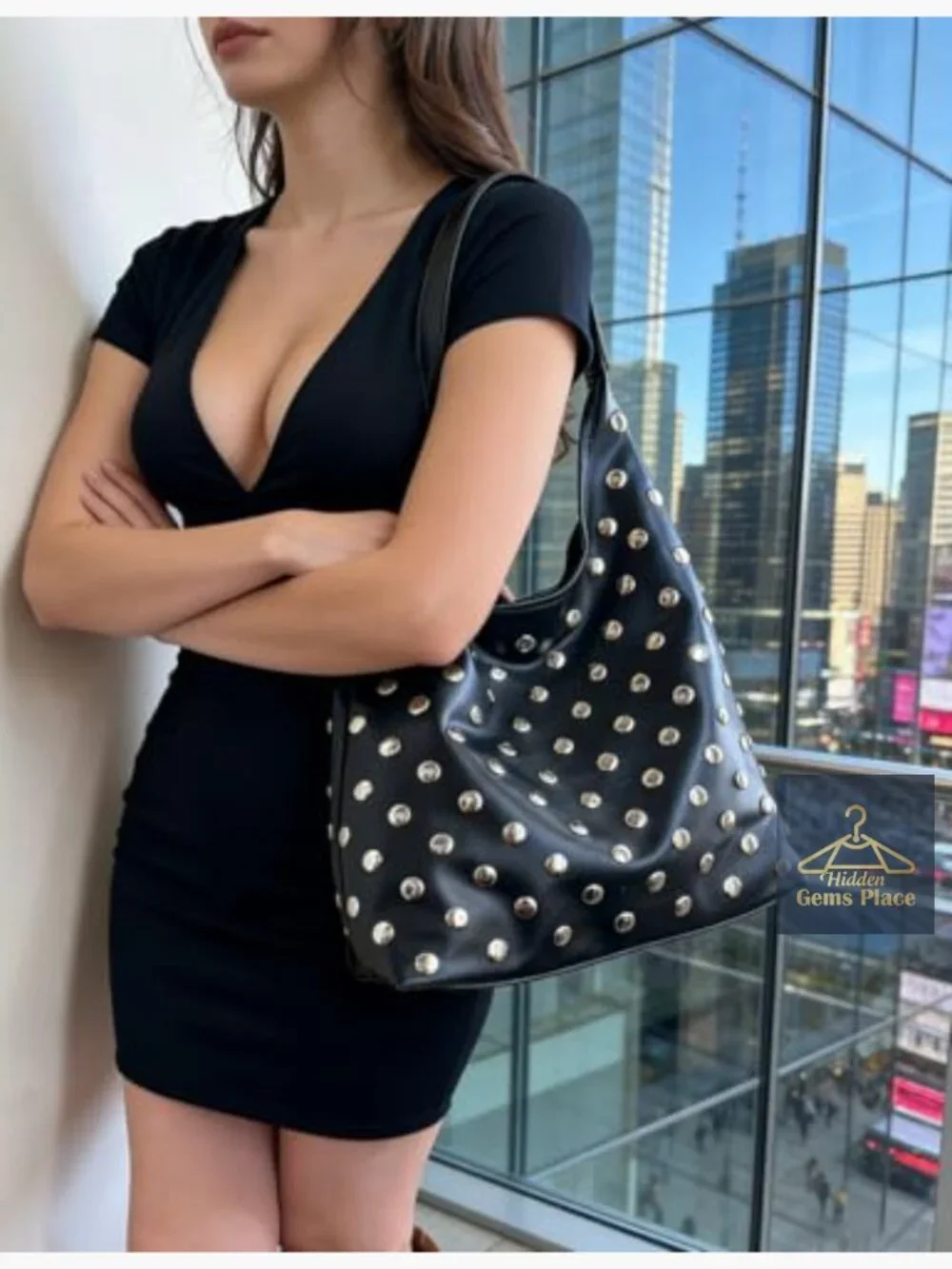 Studded Vegan Leather Hobo Tote Bag, Edgy Punk Slouchy Shoulder Handbag
